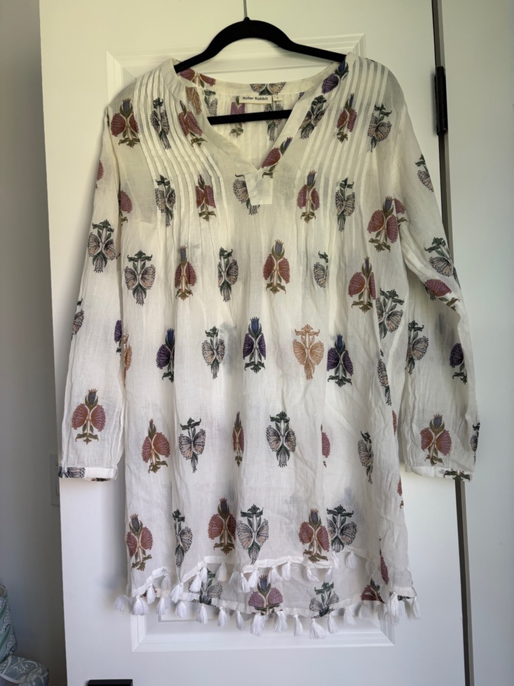 Roller Rabbit White Floral Tassel Tunic with Multicolor Embroidery